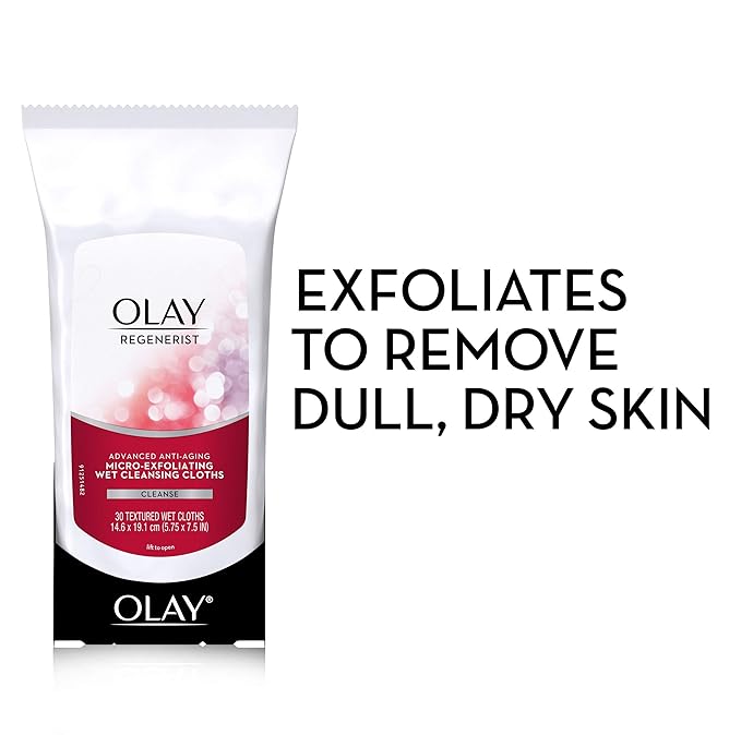 Olay Makeup Remover Wipes, Regenerist Micro-Exfoliating Wet Cleansing Cloths, Facial Cleanser for Women - Exfoliates, Refreshes, Smooths Texture, Travel Approved, 30 ct - 3 Pack