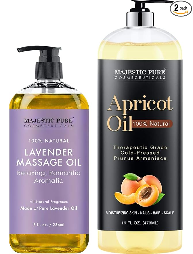Majestic Pure Lavender Massage Oil 8 fl oz, and Apricot Oil 16 fl oz Bundle
