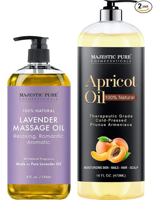 Majestic Pure Lavender Massage Oil 8 fl oz, and Apricot Oil 16 fl oz Bundle