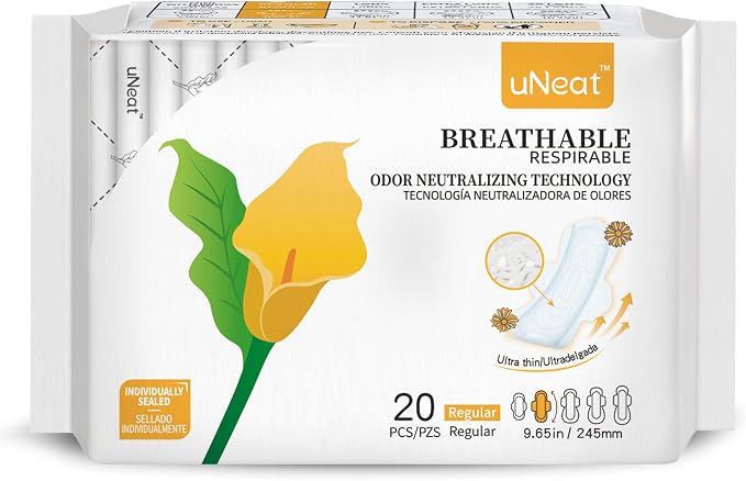 uNeat Ultra Thin Pads with Wings, Sanitary Napkins for Women and Teen, Regular Absorbency, Unscented, Eliminates Odor (Regular, Size 2, 20 Count)