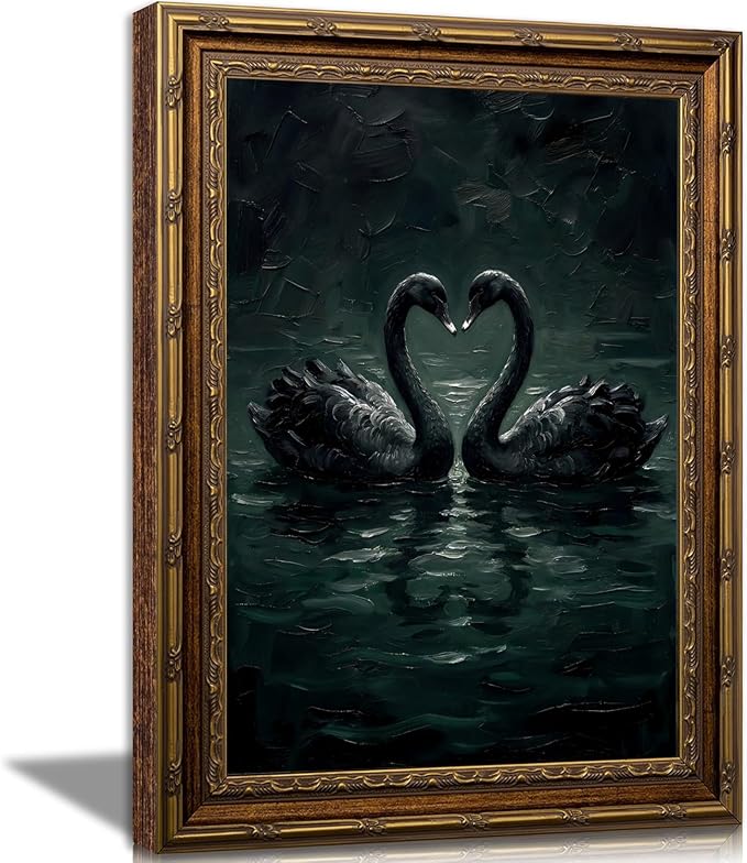 Vintage Gold Framed Gothic Wall Art Moody Love Black Swan Canvas Print | Dark Academia Swan Painting Print, Romantic Vintage Animal Poster Picture Wall decor for Bedroom Living Room Office 16x24 In
