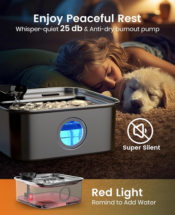 oneisall 10L/2.6Gal Dog Water Fountain for Large Dogs (with 6 Filters) | Deeper & Wider Drinking Area, Visualization Water Window & Triple Filtration,304 Stainless Steel