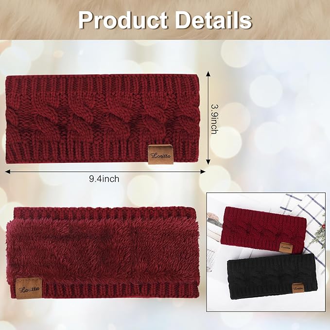 Loritta 2 Pack Headbands for Women Winter Warm Cable Knit Ear Warmer Thick Head Wrap Fuzzy Fleece Lined Gifts