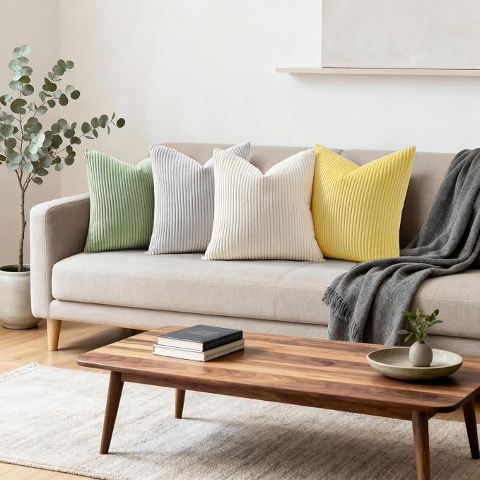 Mecatny Corduroy Throw Pillow Covers 26x26 Set of 2 Sundress Yellow | Soft Striped Texture, Hidden Zipper Design, Neutral Boho Square Pillow Cases for Sofa Couch Living Room Bedroom, Home Décor