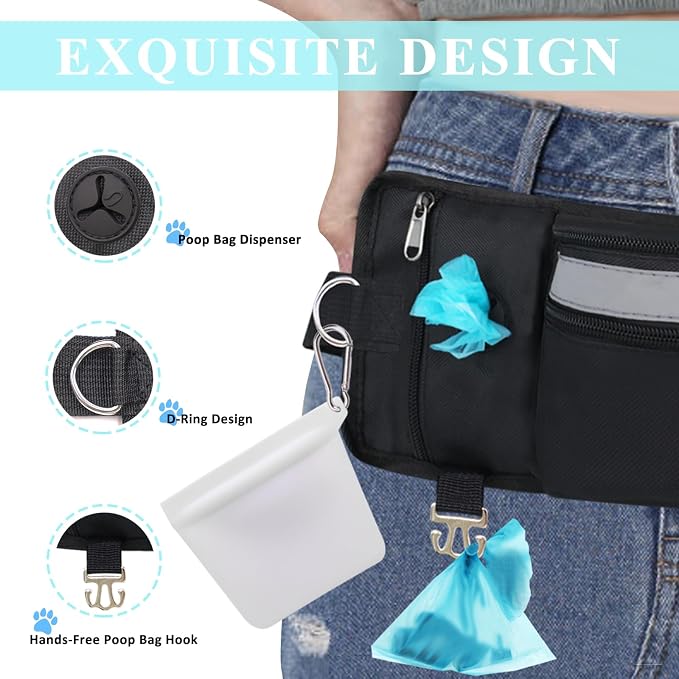 Dog Treat Pouch for Leash Waist Belt Bag, Premium Dog Treat Bag for Dogs Training Puppy Walking Fanny Pack with Divider Zipper Carrier Pocket, Water Bottle Holder, Silicone Insert,Clip,Black