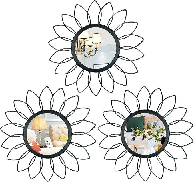 3 Pack Metal Mirrors for Wall Sunburst Wall Mirrors Home Décor Decorative Hanging Wall Art for Living Room Bedroom Entryway (Black, Flowers)