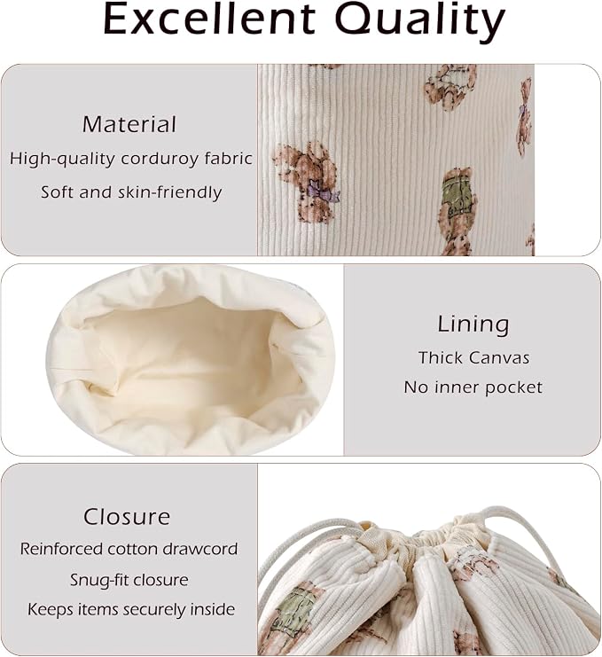 RSRSLEII Aesthetic Corduroy Drawstring Makeup Bag, Cute Coquette Drawstring Cosmetic Bag with Canvas Lining, Bear Pattern Travel Makeup Organizer Case for Women Girls (05 Great Bear)