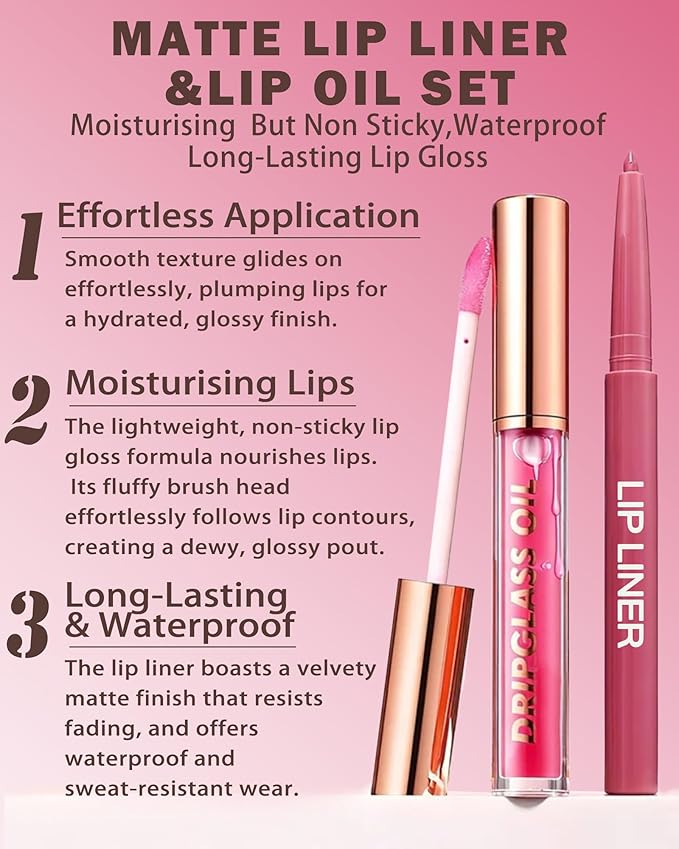 Matte Nude Lip Liner Lipstick&Pink Hydrating Glow Lip Oil Lip Combo Set,Moisturizing Plumping Lips Gloss&Smooth Lipliner Liquid Lipstick Long-Lasting,2 in 1 Women Tinted Liptint Stain Balm Makeup-09
