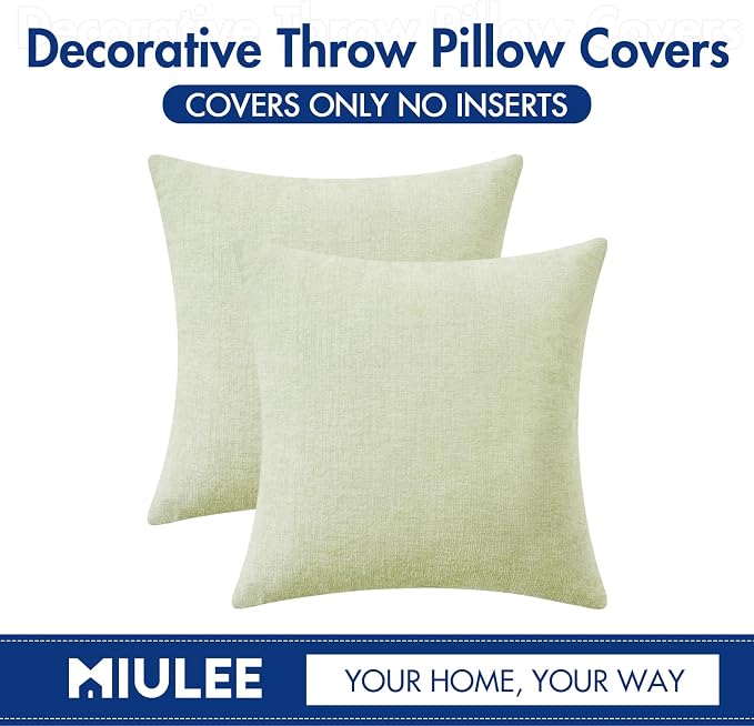 MIULEE Soft Chenille Throw Pillow Covers Light Green 20x20 Inch Pack of 2 | Modern Home Decor, Classic Decorative Pillows, Solid Dyed Cases, Boho Couch Cushion Covers for Sofa Bed Living Room