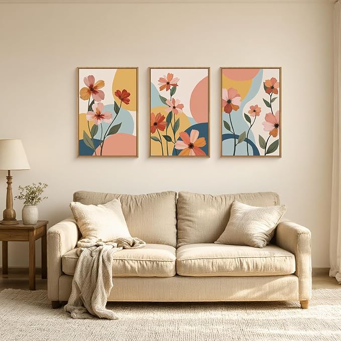 FWIEXA Colorful Flower Canvas Wall Art,Boho Flower Framed Wall Art Pink,Minimalist Wildflower Wall Decor,Abstract Floral Art Prints,Modern Orange Floral Artwork Daisy for Living Room Bedroom 24x36''x3