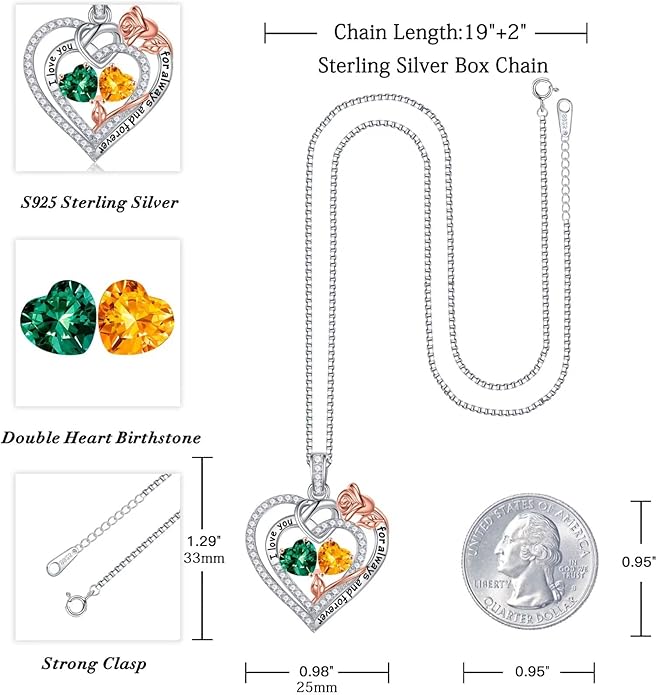 Iefil Valentines Day Gifts for Her Wife - 925 Sterling Silver Double Birthstone Necklace, Anniversary Birthday Gifts for Women, Jewelry Gift for Wife Girlfriend Mom Her