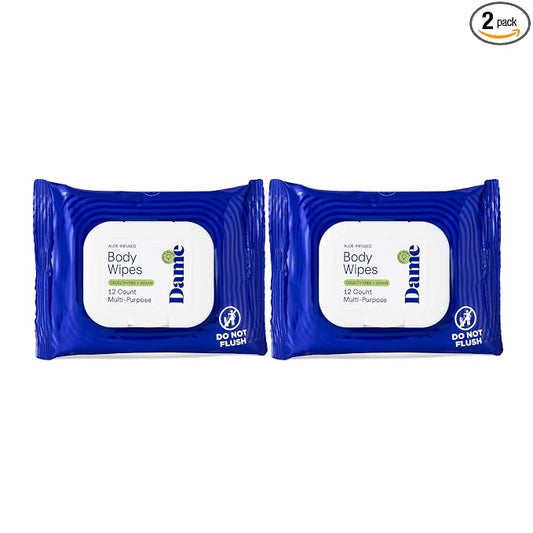 Dame Aloe Body Wipes for Women, pH Balanced Feminine Wipes with Cucumber, Gentle Cleansing for Sensitive Skin, Post Workout, Sweat & Travel, Biodegradable, Vegan & Cruelty Free, 12 Count (2 Pack)