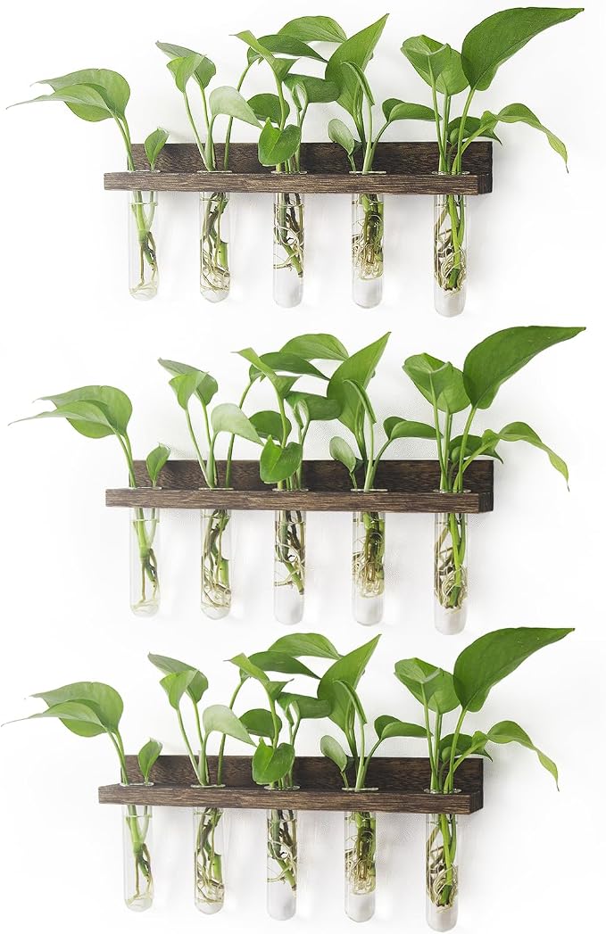 Wall Hanging Plant Propagation Station 15 Glass Test Tubes - Brown | 3 Tiered Vase Planter for Hydroponic Home Garden Office Decor, Gardening Gifts for Women Plant Lover