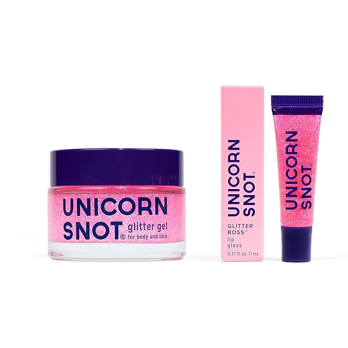 UNICORN SNOT Face & Body Glitter & Lip Gloss Bundle - Makeup for Festivals, Raves, Anime Cosplay - Safe for Face, Easy Application & Removal (Flamingo)