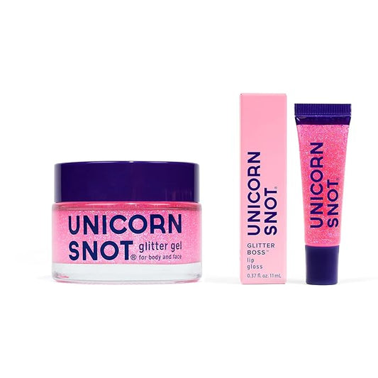 UNICORN SNOT Face & Body Glitter & Lip Gloss Bundle - Makeup for Festivals, Raves, Anime Cosplay - Safe for Face, Easy Application & Removal (Flamingo)