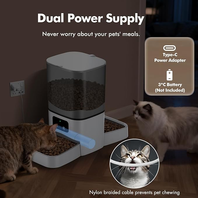 Automatic Cat Feeder for 2 Cats, 6L/25 Cup Large Capacity WiFi Pet Feeder with 2 Stainless Steel Bowls, Dual Power Supply, APP Control, 10s Voice Recorder, Timed Dry Food Dispenser for Multiple Pets