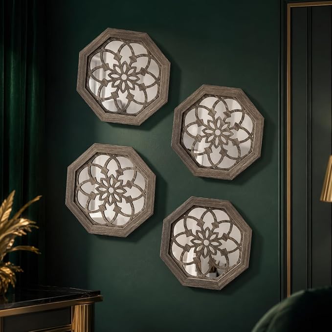 4 Pack 12 Inch Octagon Brown Rustic Wood Frame Acrylic Wall Mirrors, Farmhouse Boho Wall Art Decor for Living Room, Bedroom, Hallway, Entryway, Bathroom & Office