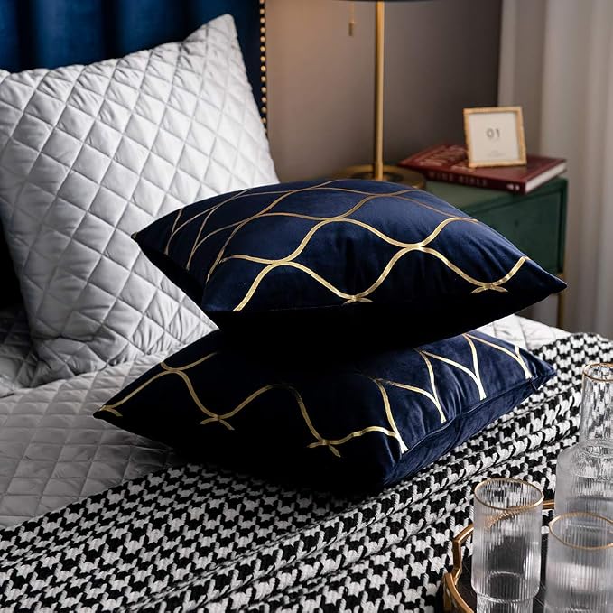 Gold Velvet Throw Pillow Covers Navy: 2 Pack 16x16 Inch Square Decorative Pillow Cases for Bedroom Sofa Couch Living Room