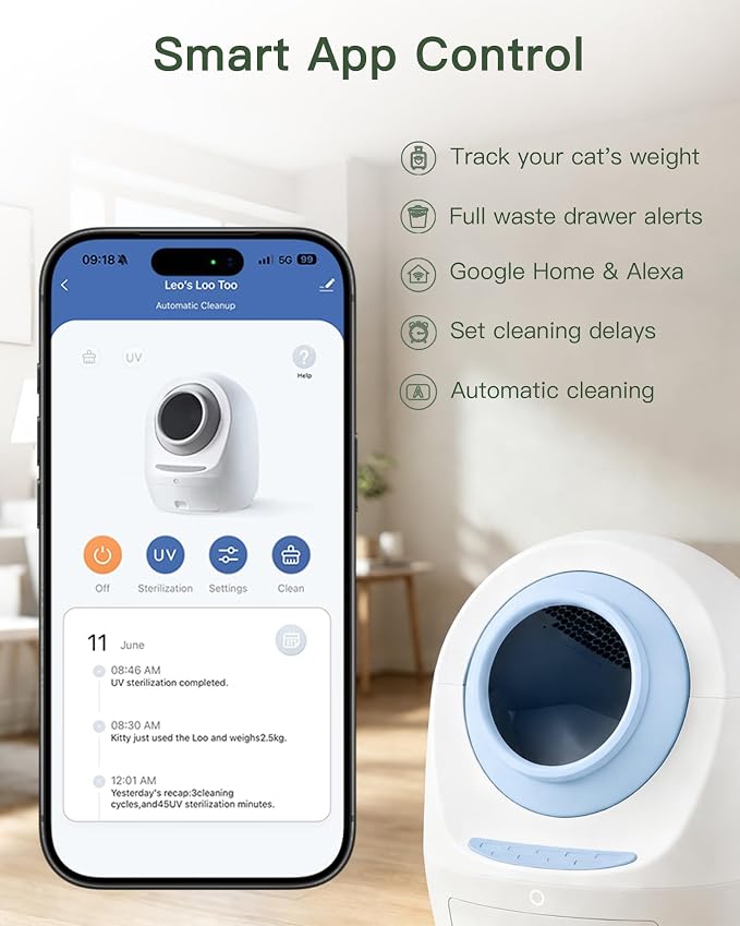 Casa Leo Automatic Self-Cleaning Cat Litter Box | with Leo’s Loo Too Wi-Fi App & Voice Control, App Weight Tracking, UV Odor Control, Safety Sensors, 30dB Quiet