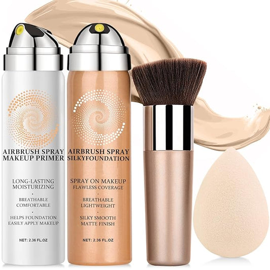 AirBrush Foundation Spray With Airbrush Primer, Silky Mist Foundation Spray Makeup, Full Coverage Foundation for Smooth Radiant, Formula Breathable Lightweight Hydrating (03 Nude)