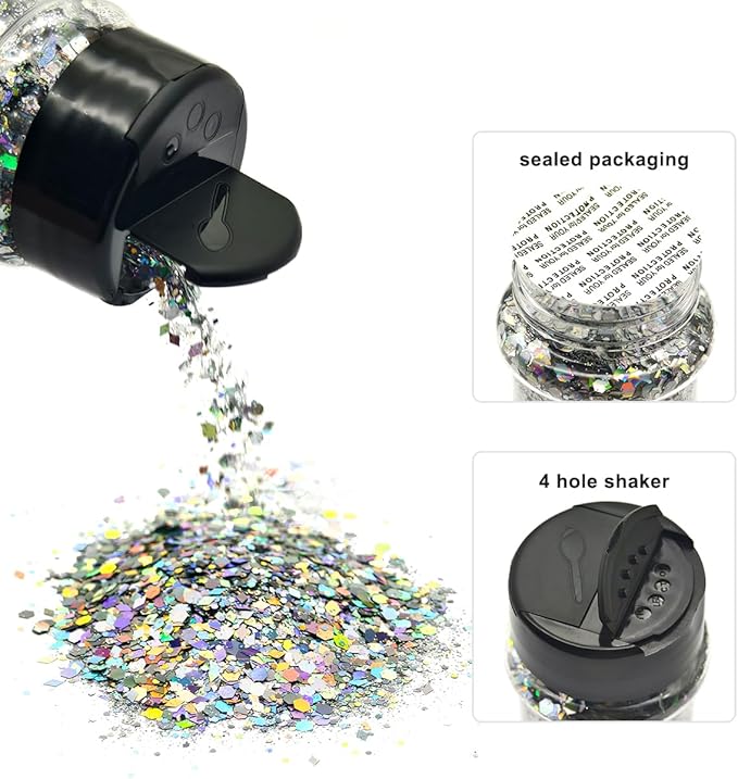 Silver Holographic - Craft Glitter - 2oz Glitter Shaker Bright Colorful Mix Chunky Body Glitter Bulk - 24 Colors in Shaker, Cosmetic Grade Glitter - EBKC23
