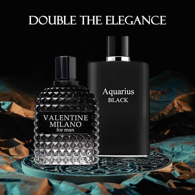 AFLUXE 2PCS Valentine Milano/Aquari Black Eau De Toilette for Men-Fresh,Romantic Scent Perfume for Men 3.4 Fl Oz Each Mens Cologne For All Skin Daily Used