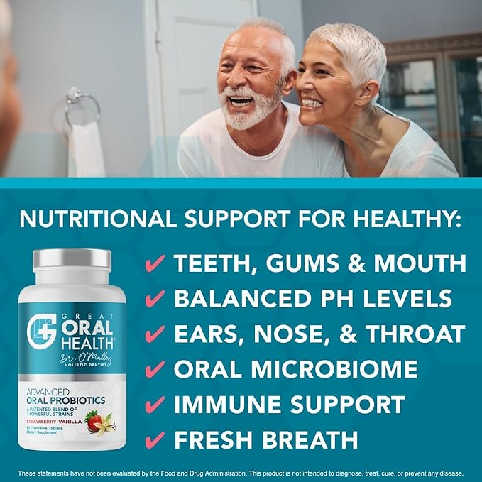 Oral Probiotics for Mouth Bad Breath Treatment for Adults; Dentist Formulated Dental Probiotics for Teeth and Gums, Chronic Halitosis with BLIS K12 M18, Chewable Oral Health Tablets Strawberry Vanilla