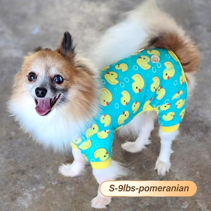 KYEESE Velvet Dog Pajamas for Small Dogs Soft Onesie Shirt, Yellow Duck | 4-Way Stretch, Lightweight & Breathable, Reduces Shedding, Gentle on Sensitive Skin, Recovery Support, Easy Potty Breaks