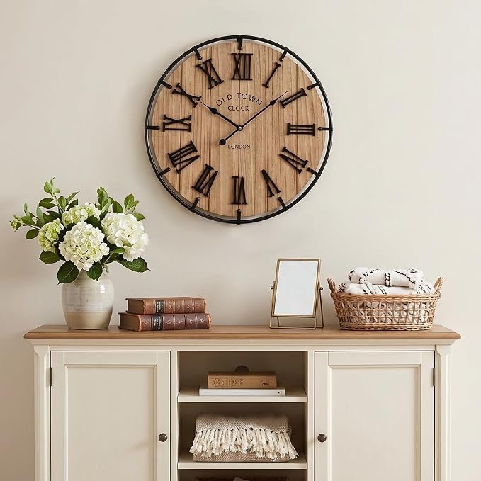 EMAX HOME Inch Modern Farmhouse Wall Clock, Warm Wood-Tone Dial with Black Metal Outer Ring, Silent Non-Ticking Quartz Mechanism, Raised Roman Numerals for Bedroom, Nursery, or Living Room Wall Art