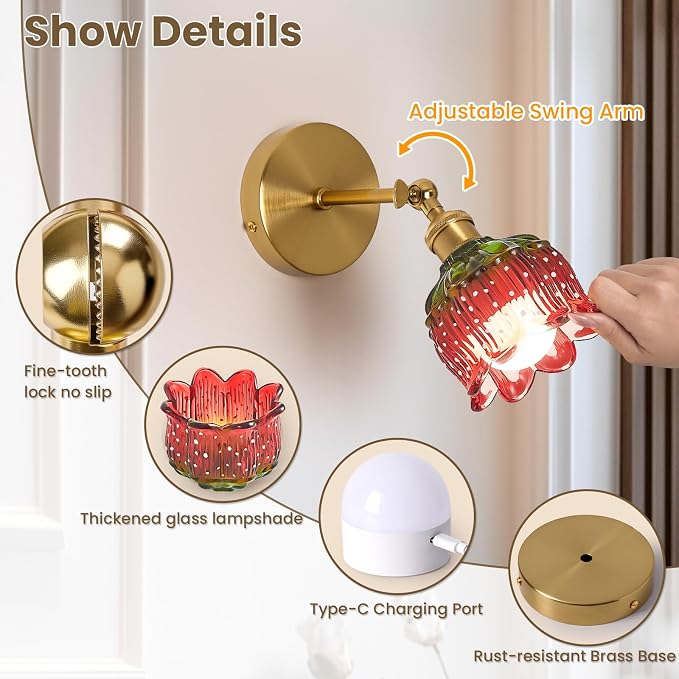Vintage Battery Operated Wall Sconce:Set of 2 Rechargeable Strawberry Light | 5000mAh Flower Glass Cordless Mounted Lighting, Wireless Dimmable Powered Gold Sconces, Remote Control, Bedroom Bedside Decor