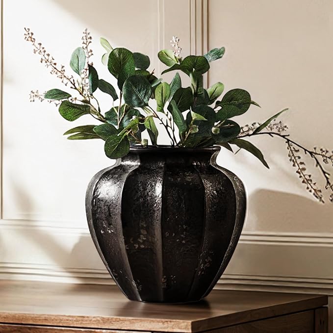 LE TAUCI 11" Ceramic Vase, Artisan Large Black Ceramic Vase for Modern Home Decor, Substantial & Stable, Handcrafted Flower Vase, Living Room & Dining Room Table Centerpiece, Distressed Iron Black