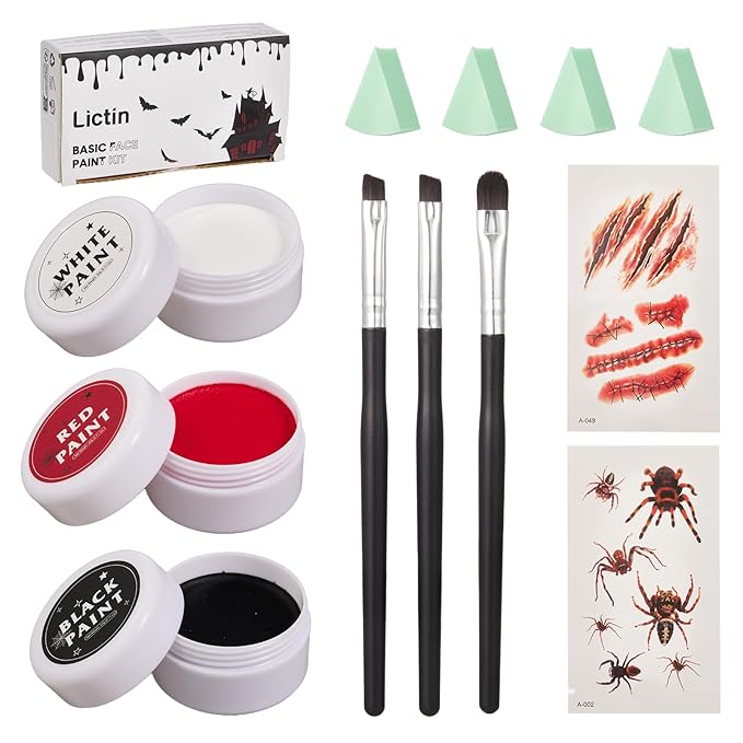 Lictin Special Effects SFX Zombie Makeup Kit, Black White Red Face Body Paint Palette with Scar Wax, Fake Blood Spray & Gel, Vampire Skeleton Clown Makeup Body Paint (12PCS)
