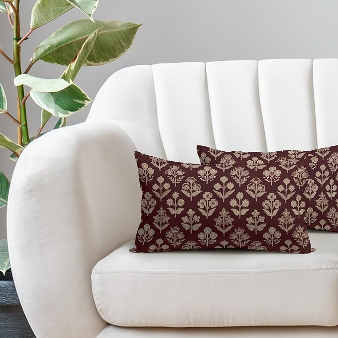 Burgundy Pillow Covers 12x20 Inch Set of 2, Cream Floral Block Print Pattern Lumbar Decorative Throw Pillowcases Outdoor Farmhouse Rectangle Cushion Covers Spring Summer Sofa Couch Bed Decor