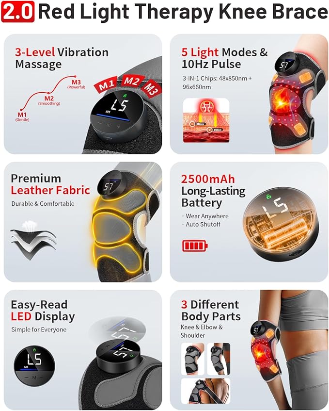 Upgraded PRO Red Light Therapy Knee Brace & 4 Vibration Massage - Rechargeable Controller, 660nm&850nm Red Light Therapy Heated Device for Knee/Elbow/Shoulder