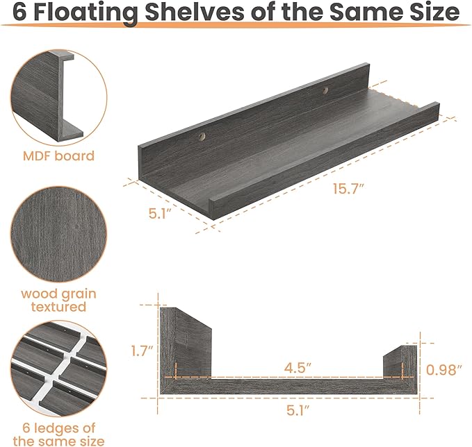 upsimples Floating Shelves for Wall Decor and Storage, Grey, 6Pcs 15.7'' | Wall Mounted Wood Shelves for Living Room, Bedroom, Bathroom, Kitchen, Office, Laundry Room Display and Organize