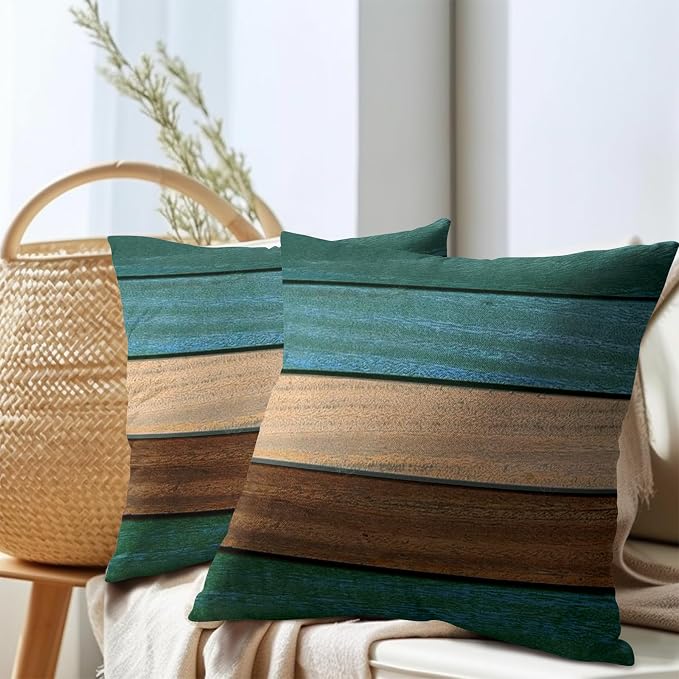Kawani Wood Board Pillow Covers 18x18 Inches, Set of 2 Blue Green Brown Retro Wooden Decorative Square Pillowcase Cotton Linen Cushion Covers for Living Room Bedroom Sofa Couch
