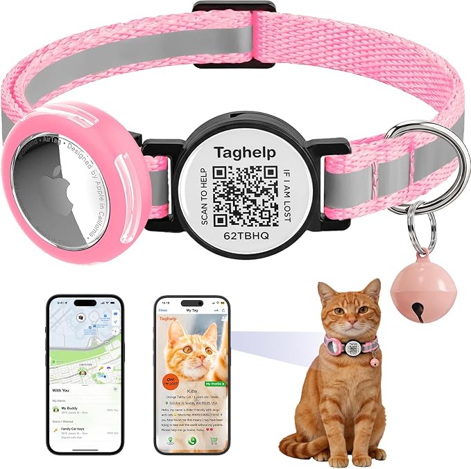 Waterproof Breakaway Cat Collar with AirTag Holder & Smart QR ID Tag - Reflective Safety Tracker Collar for Cats, Kittens, Puppies-Compatible with Apple AirTag, GPS Tracking for Girl&Boy Pets (Pink)