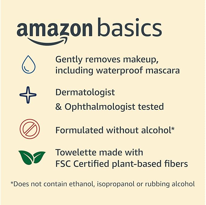 Amazon Basics Makeup Remover Wipes, Gentle Cleansing, Dermatologist Tested, Night Calming, Plant Based, Alcohol-Free, Removes Waterproof Mascara, 25 Count Per Pack, Pack of 6