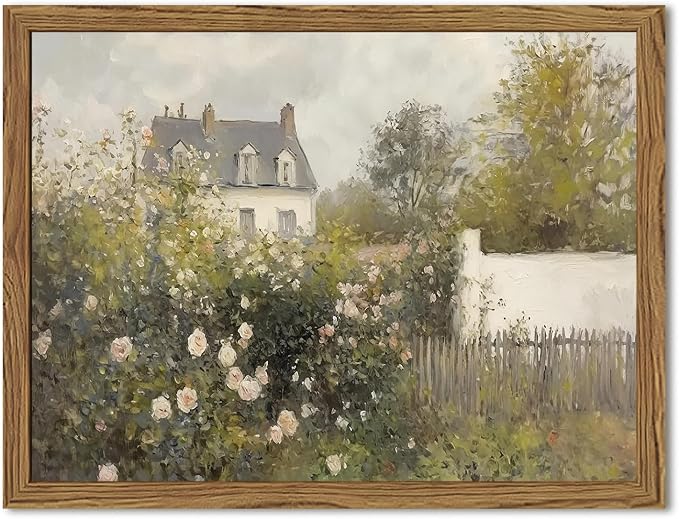 Framed Vintage Wall Art, Cottage Rose Garden Landscape Pictures Wall Decor Paintings, Rustic Spring Farmhouse Canvas Prints Aesthetic Home Decor for Living Room Bedroom Bathroom 12x16 inch