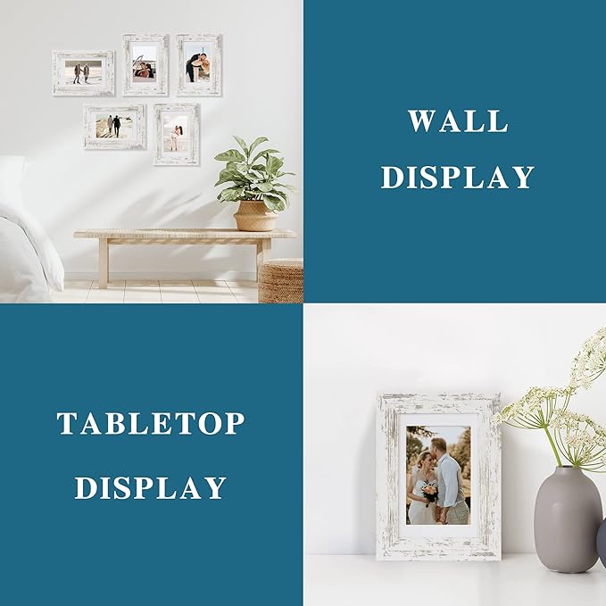 Hongkee 4x6 Picture Frame Set of 4, Made of Real Glass and Distressed White Wooden Frame, 4 by 6 Photo for Wall or Tabletop - Display Picture 3.5x5 with Mat or 4x6 Without Mat