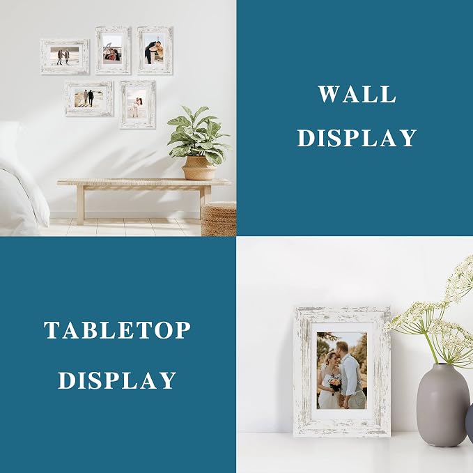 Hongkee 5x7 Picture Frame Set of 4, Made of Real Glass and Distressed White Wooden Frame, 5 by 7 Photo for Wall or Tabletop - Display Picture 4x6 with Mat or 5x7 Without Mat (Pack of 2)