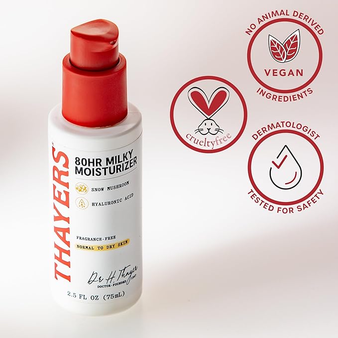 THAYERS 80HR Face Moisturizer, Face Cream with Hyaluronic Acid and Snow Mushroom, Milky Moisturizer, Lightweight Hydration for Normal to Dry Skin, Fragrance Free Skin Care, 2.5 Oz