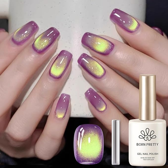 BORN PRETTY Cat Magnetic Eye Gel Nail Polish, Magenta Yellow Cat Glitter Cat Magnetic Gel Nail Polish Honey Trap Magnetic Nail Polish for Nail Art Manicure Salon DIY at Home 15ML