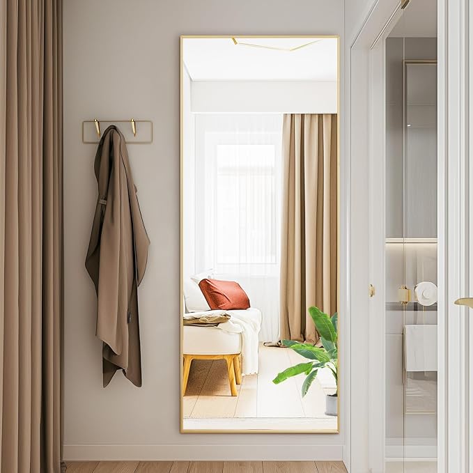 DUMOS 56"x15" Full Length Mirror with Stand, Full Body Floor Mirror | Free Standing or Wall Mount, Nano Glass Aluminum Frame, Hanging or Leaning, Modern Simple Home Decor, Gold