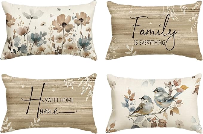 AVOIN colorlife Chinoiserie Poppy Flowers 12x20 Inch Pillow Covers Set of 4 | Chickadee Home Sweet Home Floral Seasonal Autumn Harvest Decoration for Sofa Couch Farmhouse Living Room Decor
