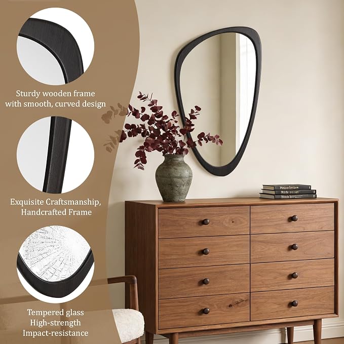 Asymmetrical Mirror, Irregular Wall Mirror, Wall Mirrors Decorative for Bedroom Living Room Entryway Hall, Wood Mirror for mid Century Modern Decor 30" H x 19" W, Dark Brown