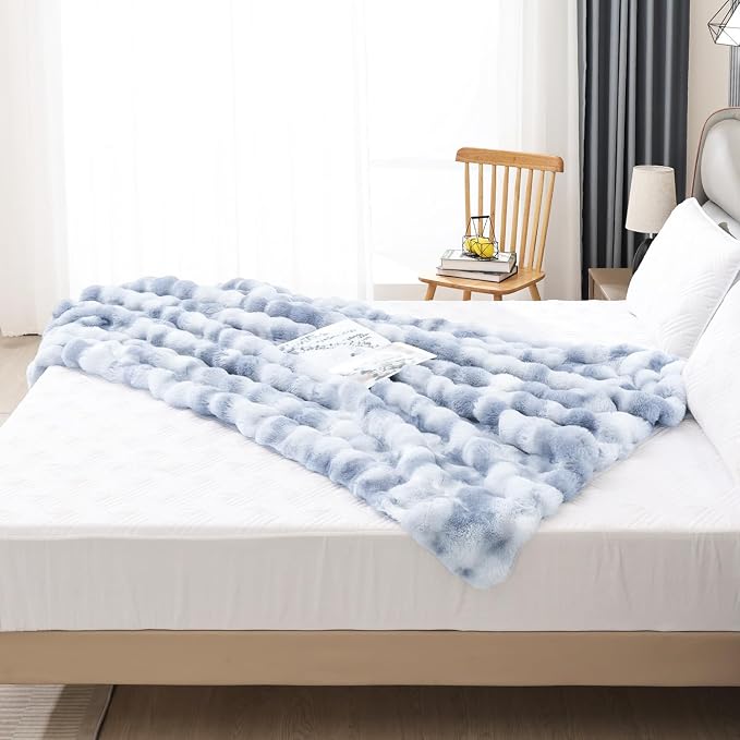 Latepis Faux Fur Fluffy Blanket for Couch, Super Soft Luxury Faux Fur Bubble Plush Thick Warm Cozy Fuzzy Twin Blanket for All Seasons, 60” x 80”, Tie-dye Blue, 860GSM