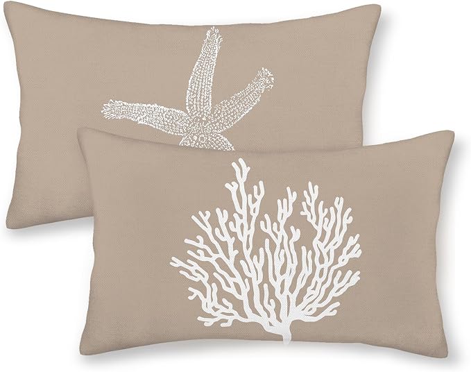 Coastal Pillow Covers 12x20 Set of 2 Brown Tan Coral Starfish Throw Pillows Summer Nautical Beach Ocean Decorations Linen Pillowcase Outdoor Decor Farmhouse Lumbar Cushion Case for Home Bedroom