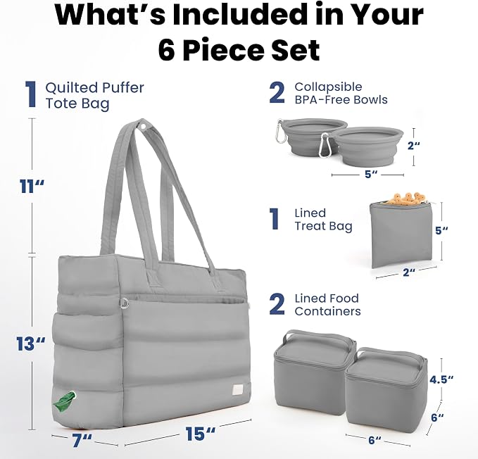 Rubyloo Puffer Dog Travel Bag for Dog Moms, Diaper Bag with Travel Bowls