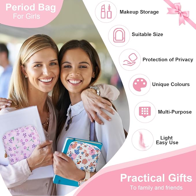 Sanitary Pad Storage Bag Portable Period Bag for Teen Pads/Sanitary Napkins/Small Tampons, Sanitary Napkin Storage Bag First Period Gifts for Teen Girls (Spring Flowers)